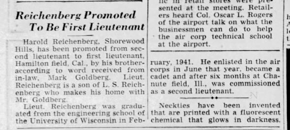 Harold Reichenberg promoted to 1st Lt, June 1942